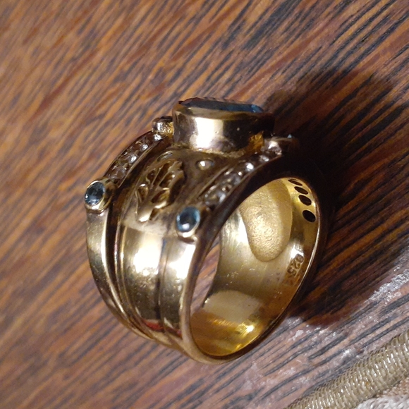 14K OVERLAY STERLING SILVER BLUE/ WHITE TOPAZ RING SIZE 7.5 - Picture 6 of 7